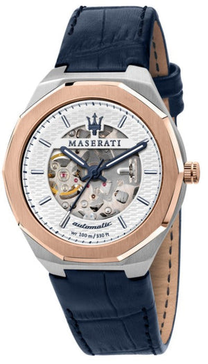 Maserati Stile Automatic Limited Edition Silver Dial Blue Leather Strap Watch For Men - R8821142001