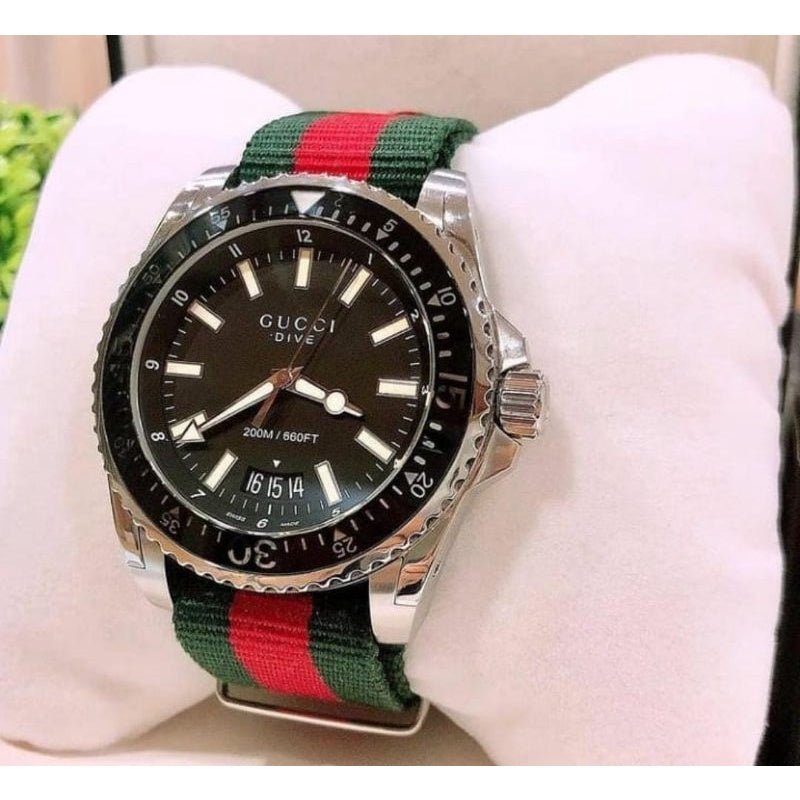 Gucci Dive Black Dial Two Tone NATO Strap Watch For Men - YA136206