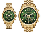 Michael Kors Lexington Chronograph Green Dial Gold Steel Strap Watch for Men - MK8446