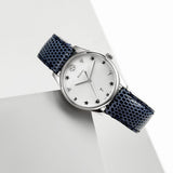 Gucci G-Timeless Signature Mother of Pearl Silver Dial Blue Leather Strap Watch For Women - YA1264049