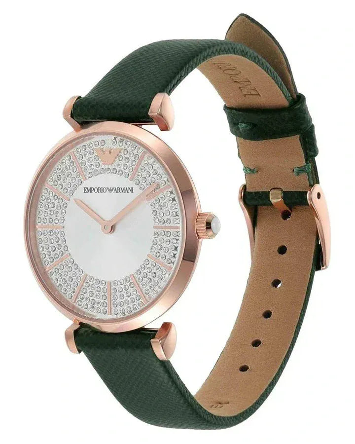Emporio Armani Pro Planet Analog Silver Dial Green Leather Strap Watch For Women - AR11517