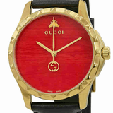 Gucci G Timeless Coral Red Dial Black Leather Strap Watch For Men - YA126464