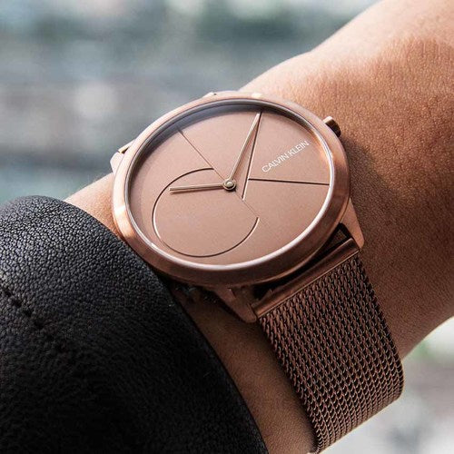 Calvin Klein Minimal Quartz Pink Gold Dial Pink Gold Mesh Bracelet Watch for Men - K3M11TFK