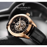 Maserati Traguardo Automatic Black Skeleton Dial Black Leather Strap Watch For Men - R8821112001