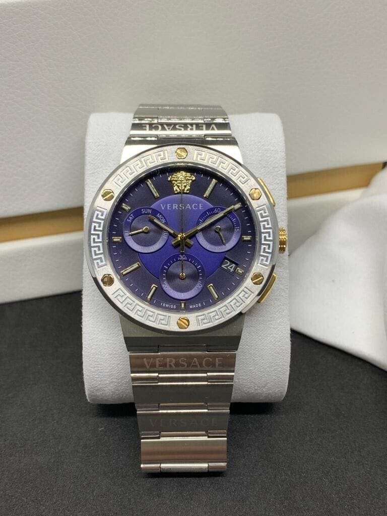 Versace Greca Quartz Blue Dial Silver Steel Strap Watch For Men - VEZ900221
