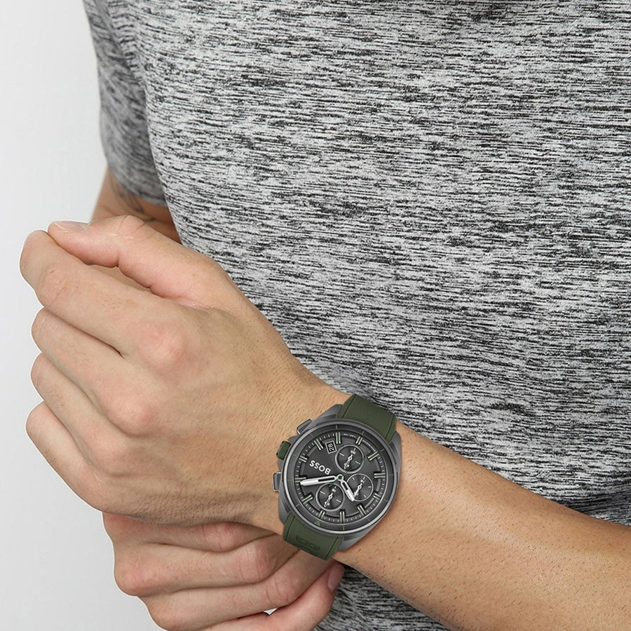 Hugo Boss Volane Chronograph Grey Dial Green Silicone Strap Watch For Men - 1513952