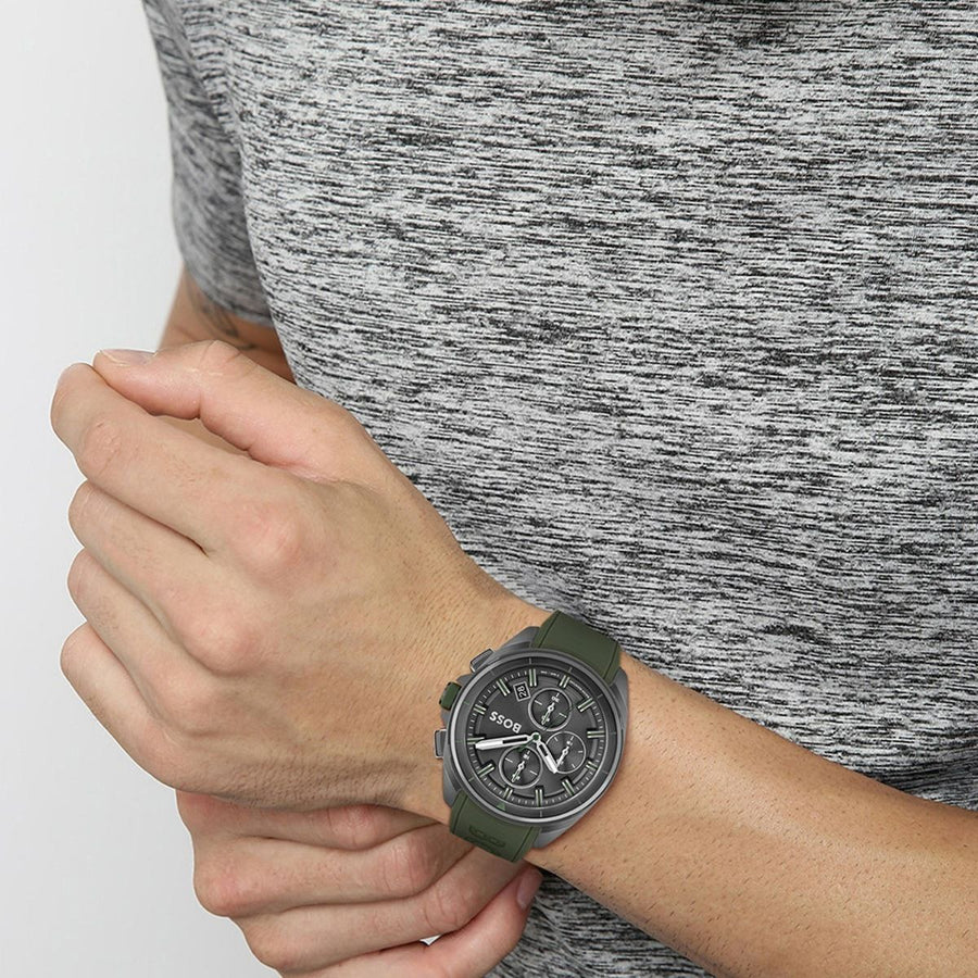 Hugo Boss Volane Chronograph Grey Dial Green Silicone Strap Watch For Men - 1513952