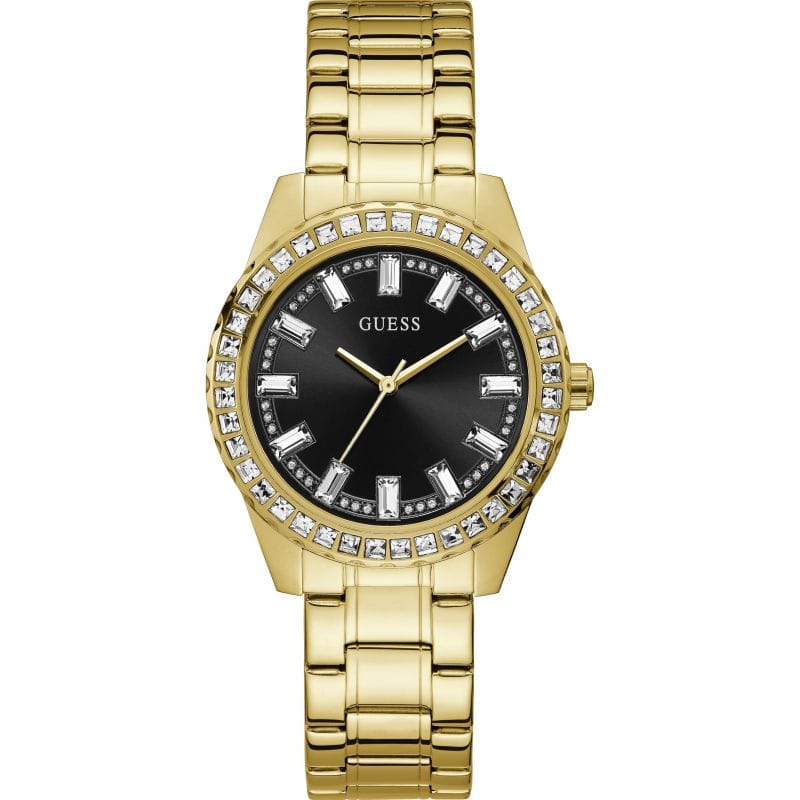 Guess Sparkler Diamonds Black Dial Gold Steel Strap Watch for Women - GW0111L2
