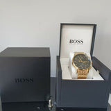 Hugo Boss Navigator Black Dial Gold Steel Strap Watch for Men - 1513531