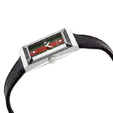 Gucci G-Frame Mother of Pearl Green & Red Dial Black Leather Strap Watch For Women - YA147403