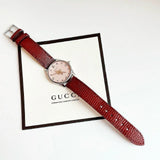 Gucci G Timeless Quartz Diamonds Pink Dial Red Leather Strap Watch For Women - YA1265017