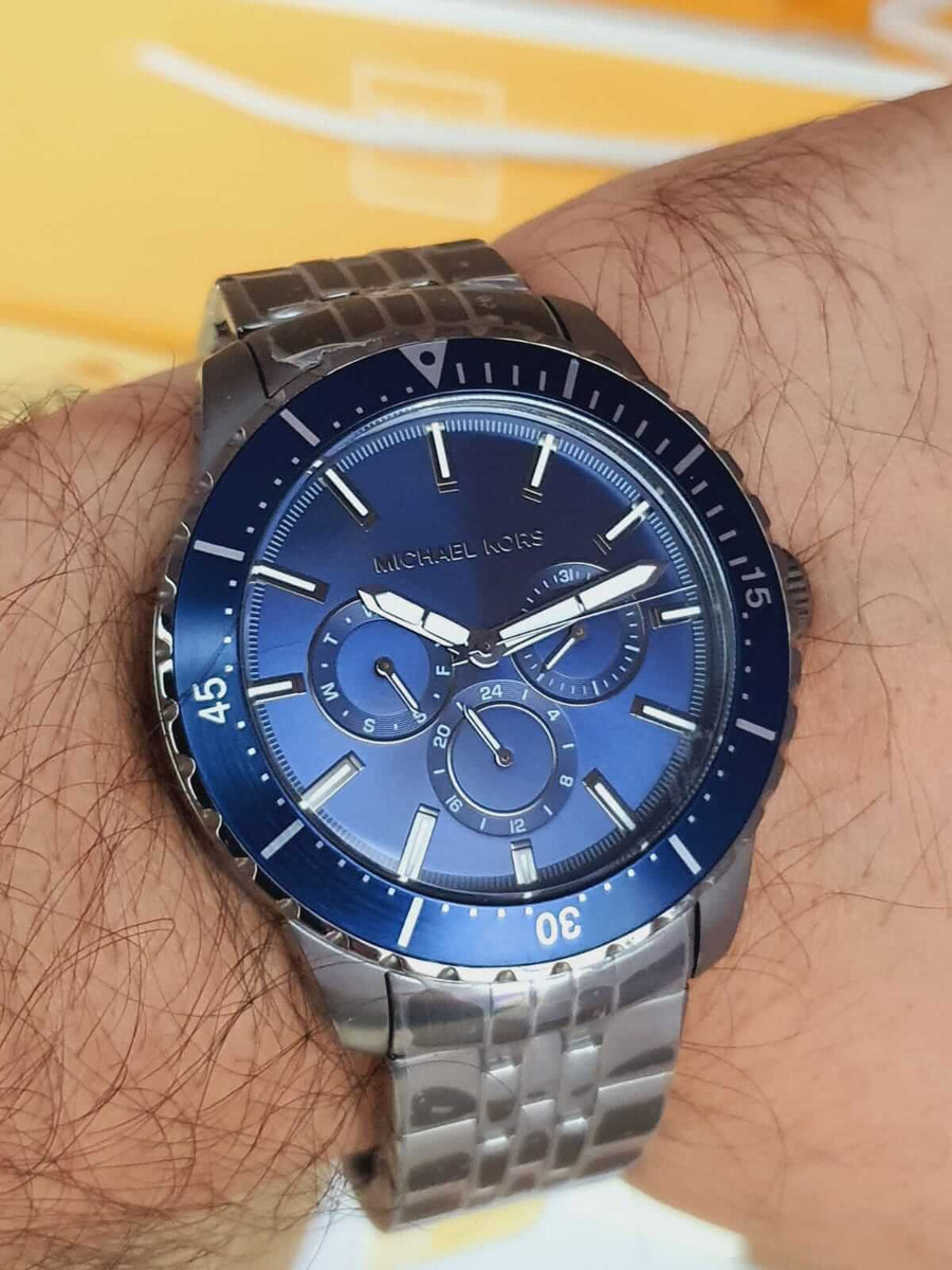 Michael Kors Chronograph Cunningham Multifunction Blue Dial Grey Steel Strap Watch For Men - MK7155