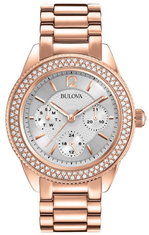 Bulova Crystal Silver Dial Rose Gold Steel Strap Watch for Women - 97N101