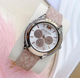 Michael Kors Multifunction Silver Dial Pink Leather Strap Watch For Women - MK7206