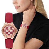 Michael Kors Camille Three Hand Crystals Rose Gold Dial Red Leather Strap Watch For Women - MK4701