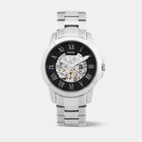 Fossil Grant Automatic Skeleton Black Dial Silver Steel Strap Watch for Men - ME3103