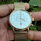 Emporio Armani Aviator Chronograph Quartz Beige Dial Gold Mesh Bracelet Watch For Men - AR11315