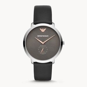 Emporio Armani Modern Slim Quartz Grey Dial Black Leather Strap Watch For Men - AR11162