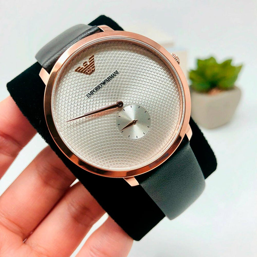 Emporio Armani Modern Slim Analog Silver Dial Brown Leather Strap Watch For Men - AR11163
