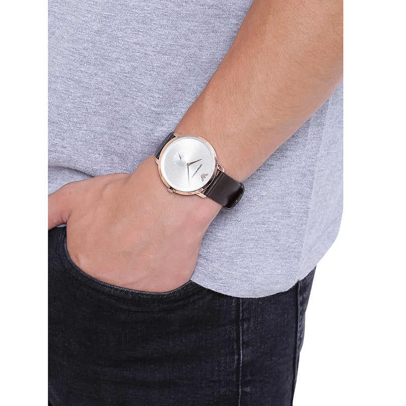 Emporio Armani Modern Slim Analog Silver Dial Brown Leather Strap Watch For Men - AR11163
