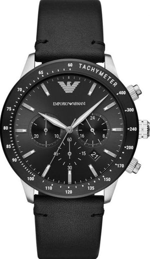 Emporio Armani Mario Chronograph Black Dial Black Leather Strap Watch For Men - AR11243