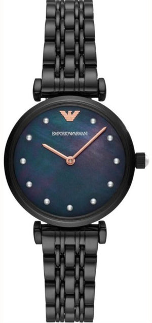 Emporio Armani Gianni T-Bar Quartz Black Mother of Pearl Dial Black Steel Strap Watch For Women - AR11268