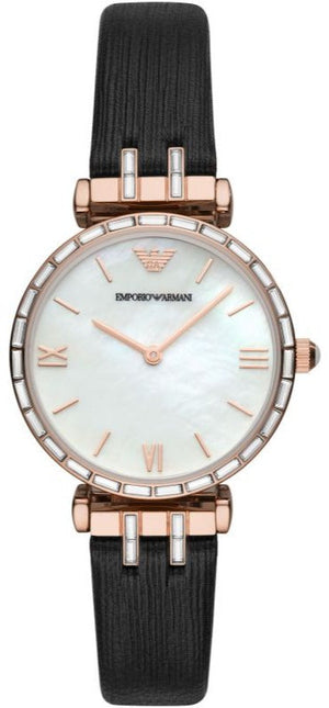 Emporio Armani Gianni T-Bar Mother of Pearl Dial Black Leather Strap Watch For Women - AR11295