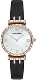 Emporio Armani Gianni T-Bar Mother of Pearl Dial Black Leather Strap Watch For Women - AR11295