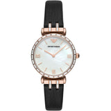 Emporio Armani Gianni T-Bar Mother of Pearl Dial Black Leather Strap Watch For Women - AR11295