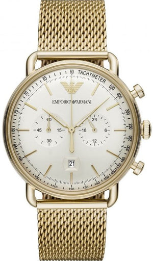 Emporio Armani Aviator Chronograph Quartz Beige Dial Gold Mesh Bracelet Watch For Men - AR11315