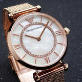 Emporio Armani Gianni T Bar Mother of Pearl Dial Rose Gold Mesh Bracelet Watch For Women - AR11320