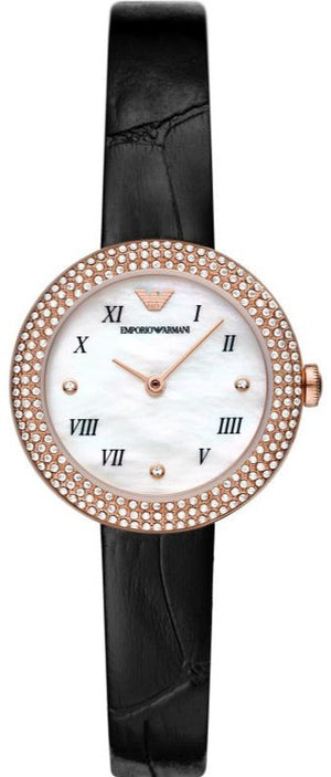 Emporio Armani Rosa Quartz Mother Of Pearl White Dial Black Leather Strap Watch For Women - AR11356