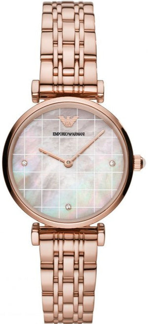 Emporio Armani Gianni T Bar Quartz Mother of Pearl Dial Rose Gold Steel Strap Watch For Women - AR11385