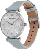 Emporio Armani Gianni T Bar Analog Crystals Silver Dial Blue Leather Strap Watch For Women - AR11443