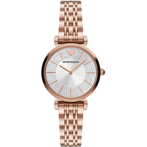Emporio Armani Gianni T-Bar Crystals Silver Dial Rose Gold Steel Strap Watch For Women - AR11446
