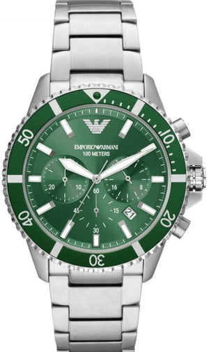 Emporio Armani Diver Chronograph Green Dial Silver Steel Strap Watch For Men - AR11500