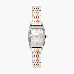 Emporio Armani Gianni T Bar White Mother Of Pearl Dial Two Tone Steel Strap Watch For Women - AR11519