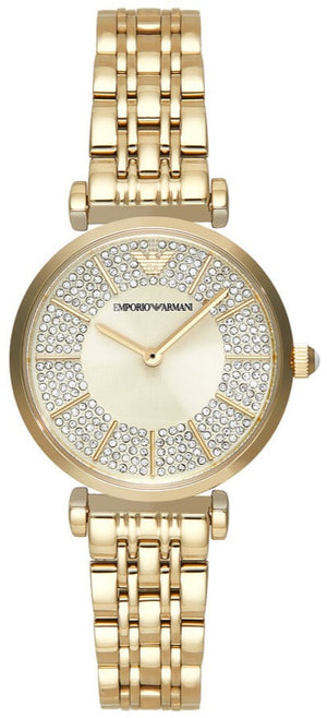 Emporio Armani Gianni T Bar Analog Crystals Gold Dial Gold Steel Strap Watch For Women - AR11608