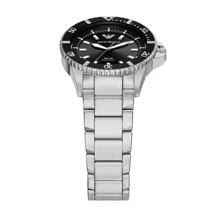 Emporio Armani World Explorer Solar Black Dial Silver Steel Strap Watch for Men - AR11787