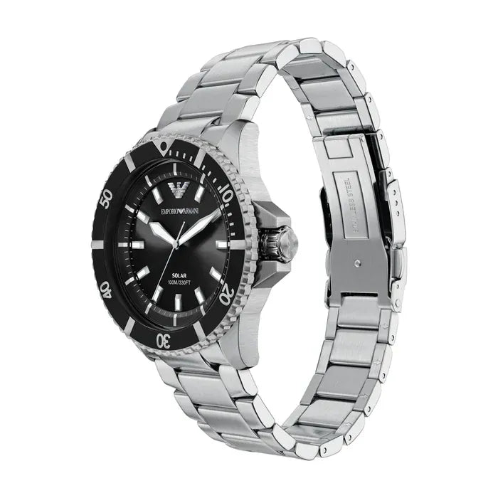 Emporio Armani World Explorer Solar Black Dial Silver Steel Strap Watch for Men - AR11787