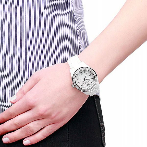 Emporio Armani Ceramica White Mother of Pearl Dial Stainless Steel Strap Watch For Women - AR1426
