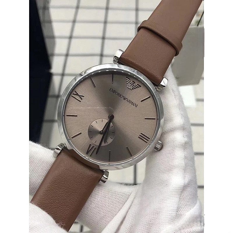 Emporio Armani Gianni Silver Dial Brown Leather Strap Watch for Men - AR1675