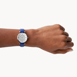 Emporio Armani Gianni T Bar Quartz Crystals Silver Dial Blue Leather Strap Watch For Women - AR11344