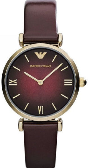 Emporio Armani Gianni T Bar Burgundy Dial Burgundy Leather Strap Watch For Women - AR1757