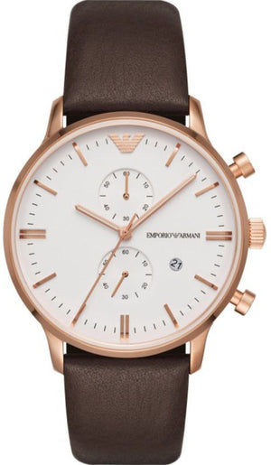 Emporio Armani Retro Quartz White Dial Brown Leather Strap Watch For Men - AR1936