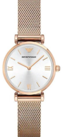 Emporio Armani Gianni T Bar Silver Dial Rose Gold Mesh Bracelet Watch For Women - AR1956