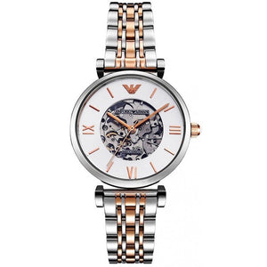Emporio Armani Gianni T Bar Silver Skeleton Dial Two Tone Strap Watch For Women - AR1992