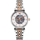 Emporio Armani Gianni T Bar Silver Skeleton Dial Two Tone Strap Watch For Women - AR1992