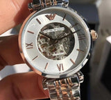 Emporio Armani Gianni T Bar Silver Skeleton Dial Two Tone Strap Watch For Women - AR1992