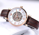 Emporio Armani Meccanico Skeleton Mother of Pearl Dial Brown Leather Strap Watch For Women - AR1993